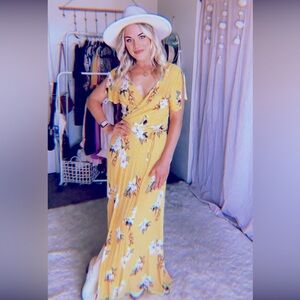 Lulu’s Yellow Floral Wrap Maxi Dress - Women's Summer Dress